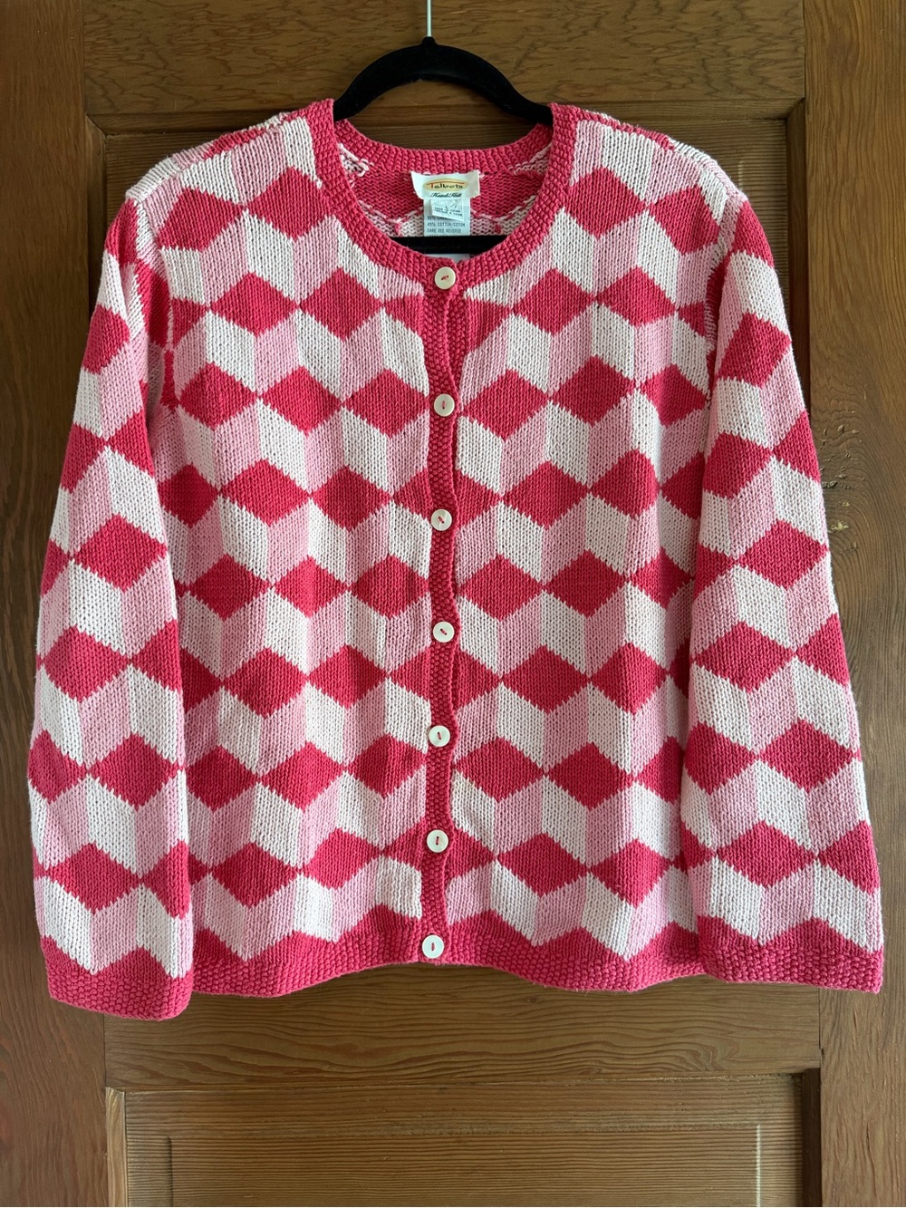 Talbots Hand Knit Pink Geometric Diamonds Button-Up Sweater Cardigan Size L